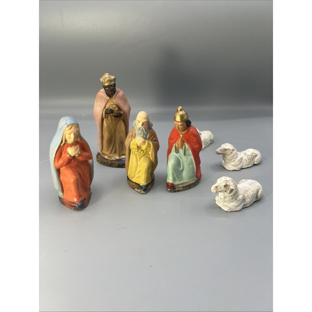 Vtg German Papier-Mâché Nativity 7 Pieces Christmas Lambs Magi Mary Old w/ Wear